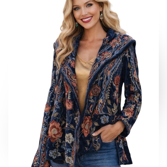 Johnny Was metallic thread Syelles EmbroideredHoodie Jacket Indigo NWT RARE